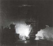 Monamy, Peter A ship on fire at night oil painting